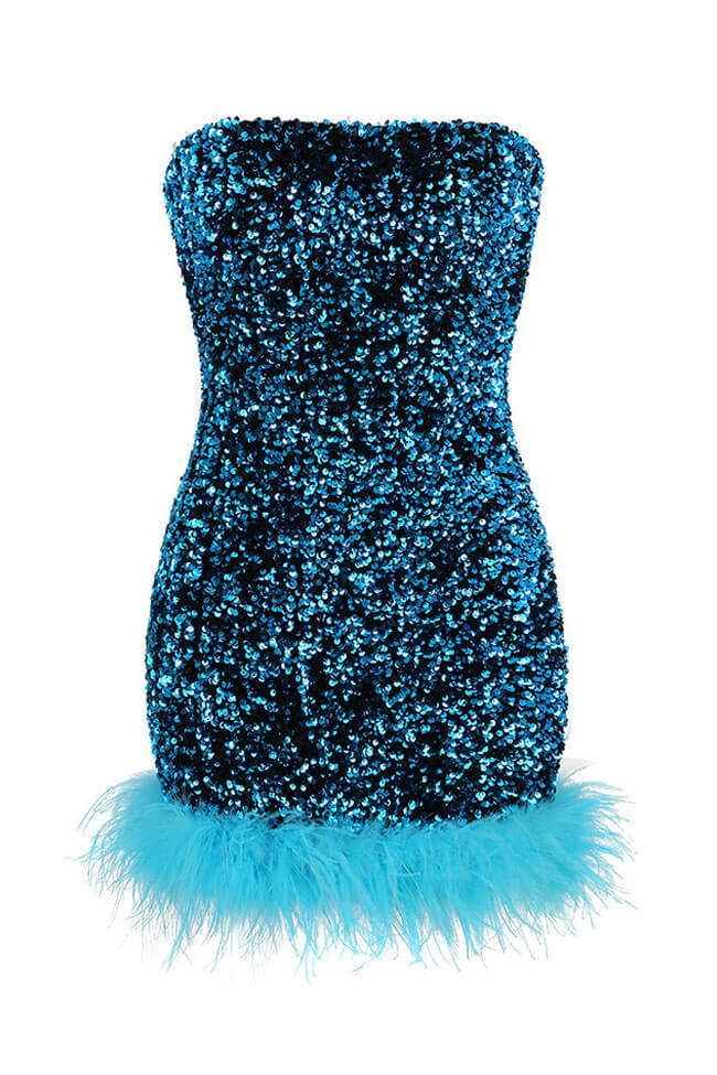 Feather Glamorus Trim Strapless Velvet Sequin Party Mini Dress - Blue