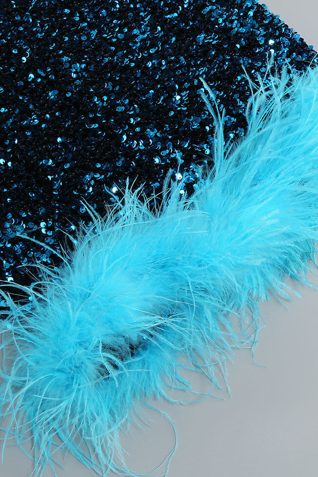 Feather Glamorus Trim Strapless Velvet Sequin Party Mini Dress - Blue