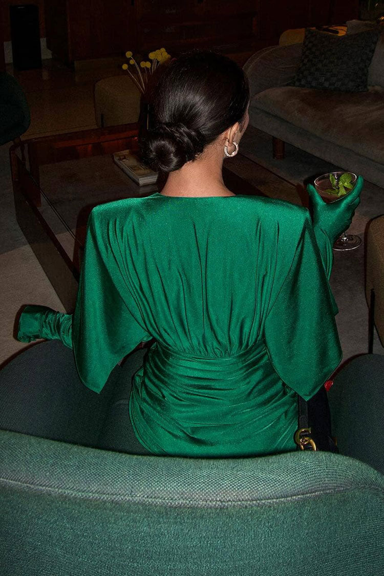 Plunge Glitter Neck Opera Glove Half Sleeve Ruched Party Mini Dress - Emerald Green