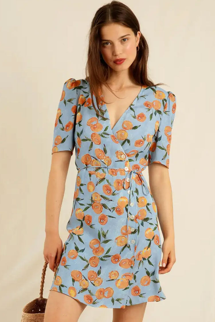 Fruit Groovy Printed Puff Sleeve French Style Wrap Mini Dress -Blue