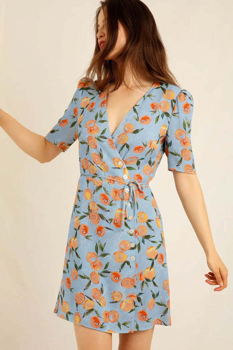 Fruit Groovy Printed Puff Sleeve French Style Wrap Mini Dress -Blue