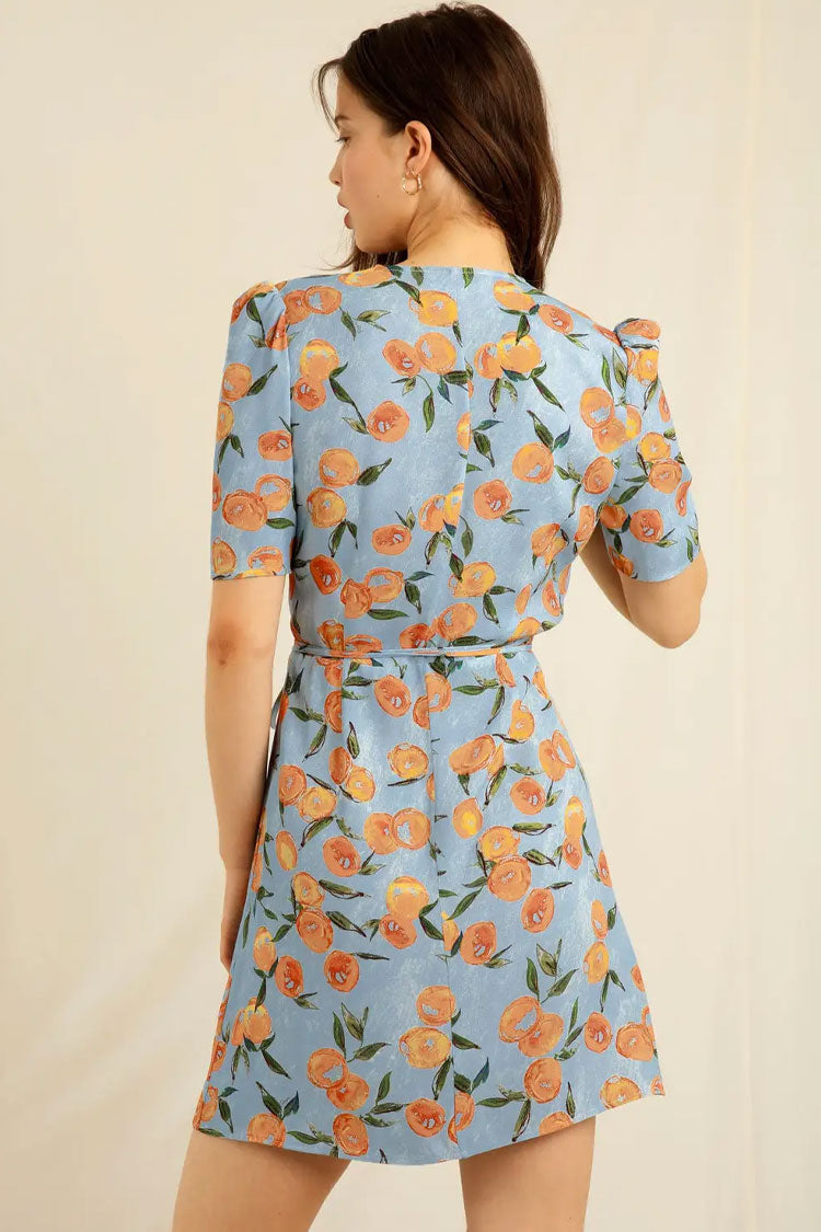 Fruit Groovy Printed Puff Sleeve French Style Wrap Mini Dress -Blue