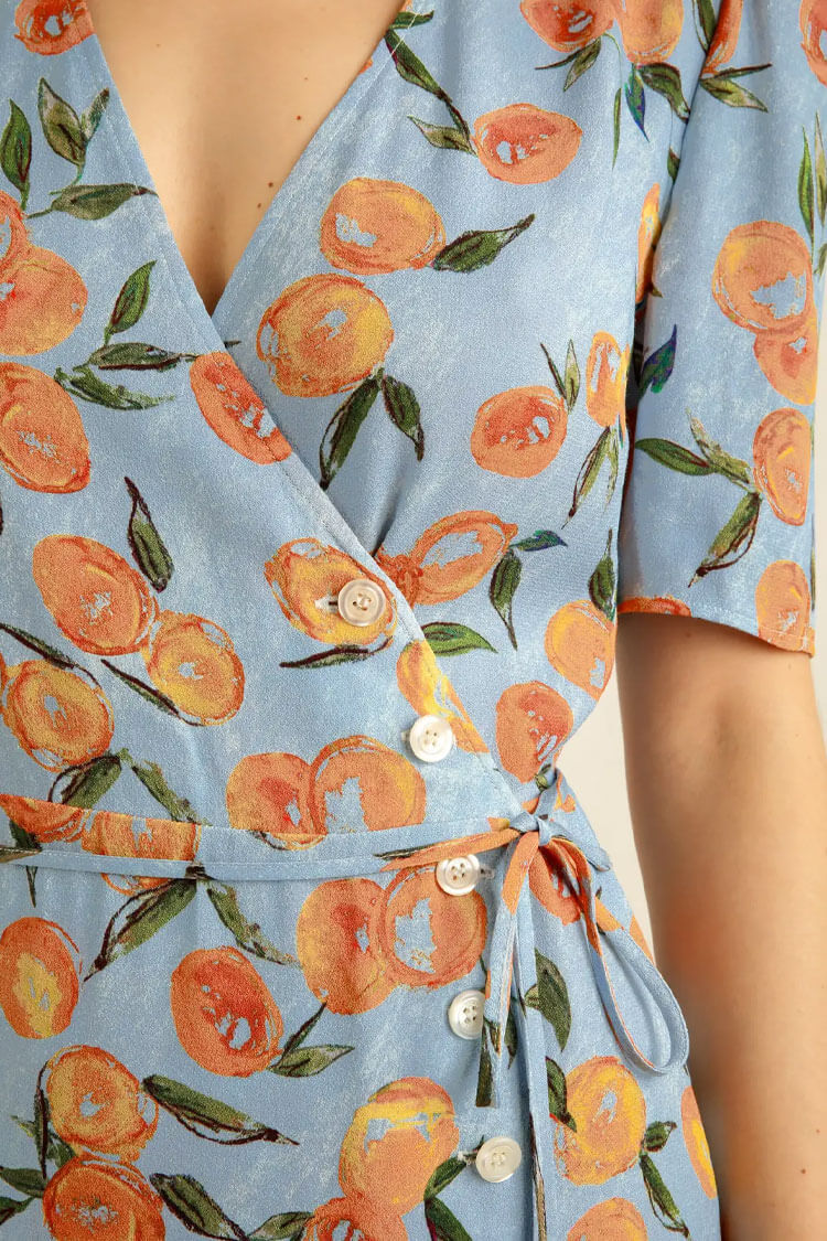 Fruit Groovy Printed Puff Sleeve French Style Wrap Mini Dress -Blue