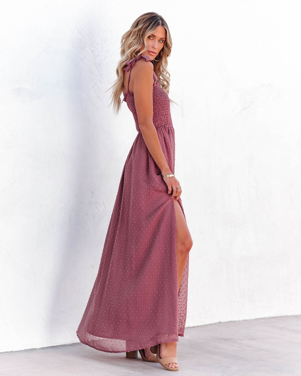 Hazelle Smocked Swiss Dot Maxi Dress Dark Mauve