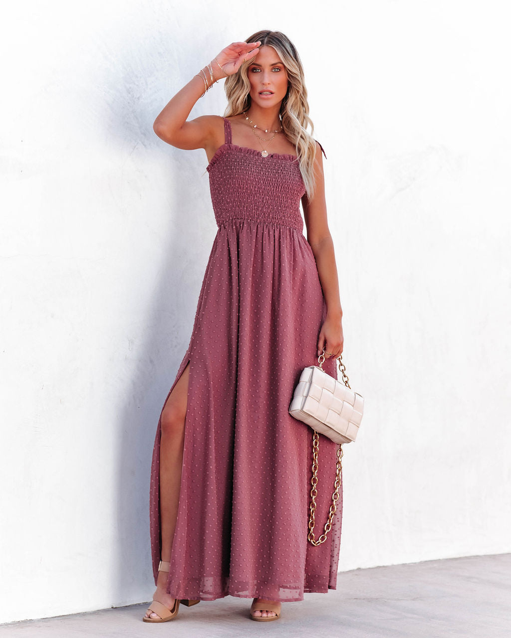 Hazelle Smocked Swiss Dot Maxi Dress Dark Mauve