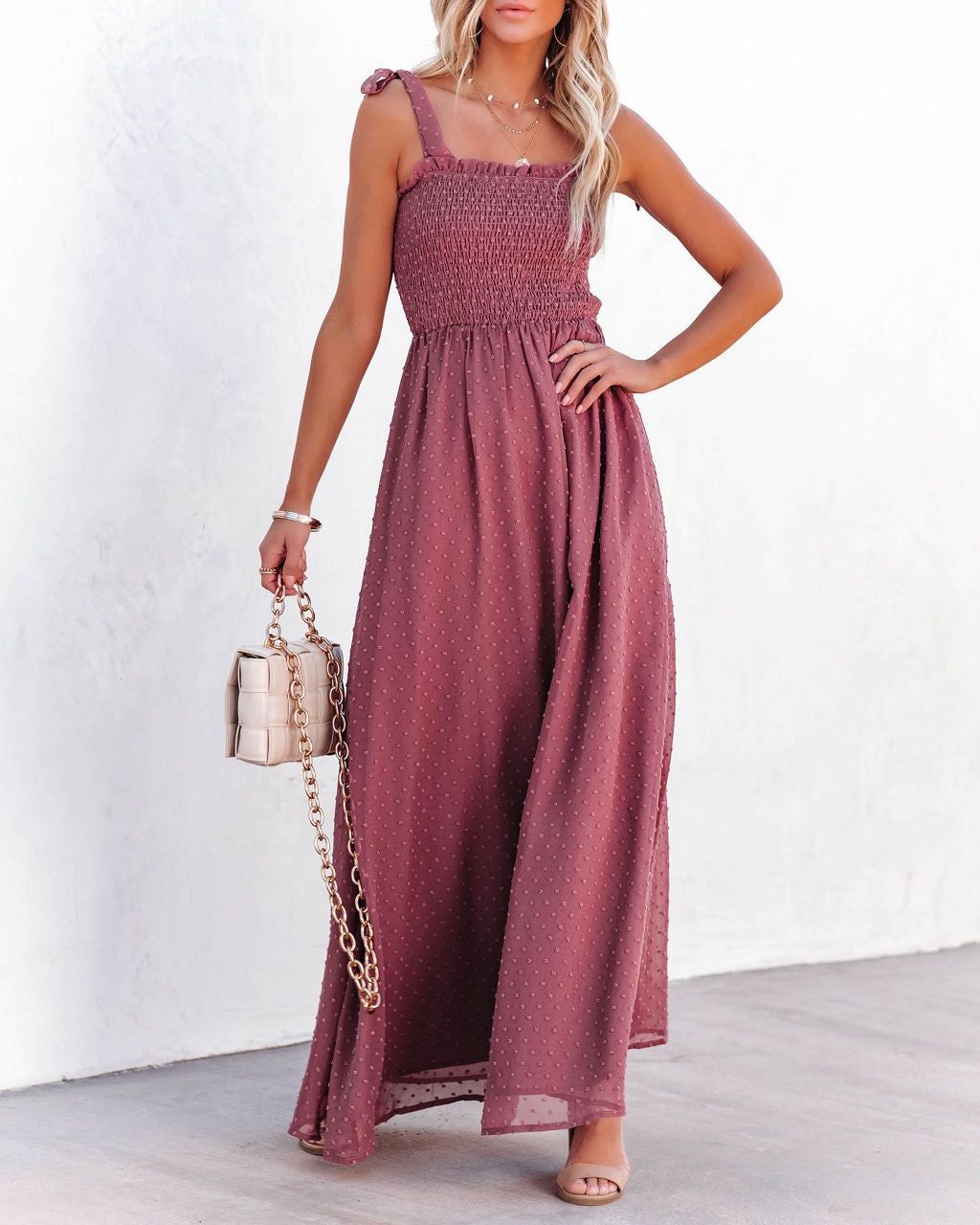 Hazelle Smocked Swiss Dot Maxi Dress Dark Mauve