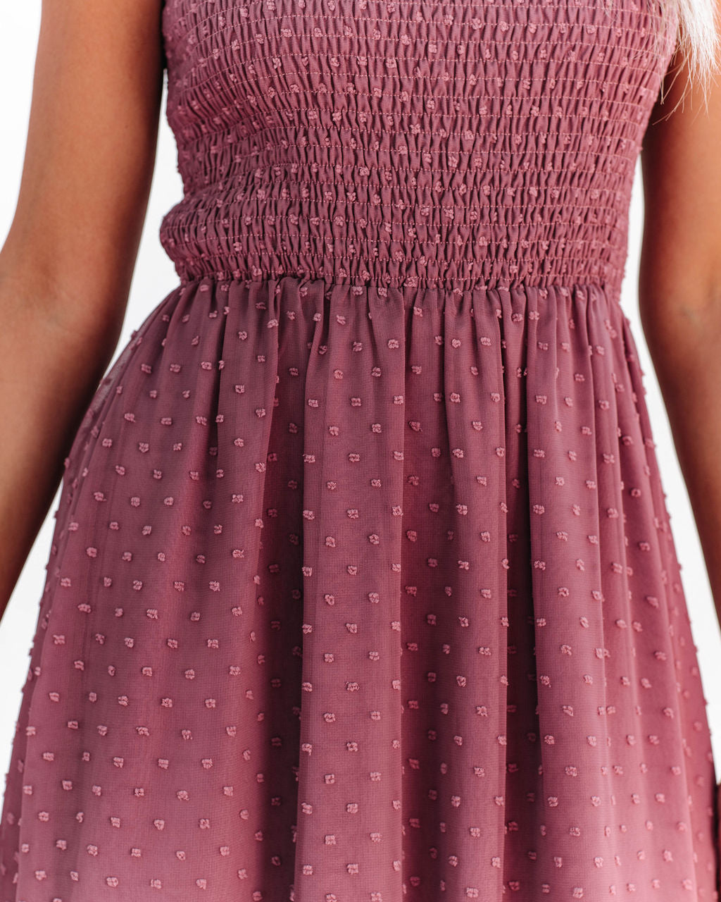 Hazelle Smocked Swiss Dot Maxi Dress Dark Mauve