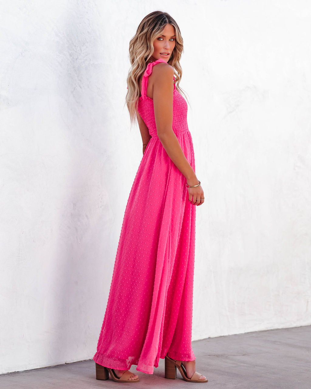 Hazelle Smocked Swiss Dot Maxi Dress Fuchsia