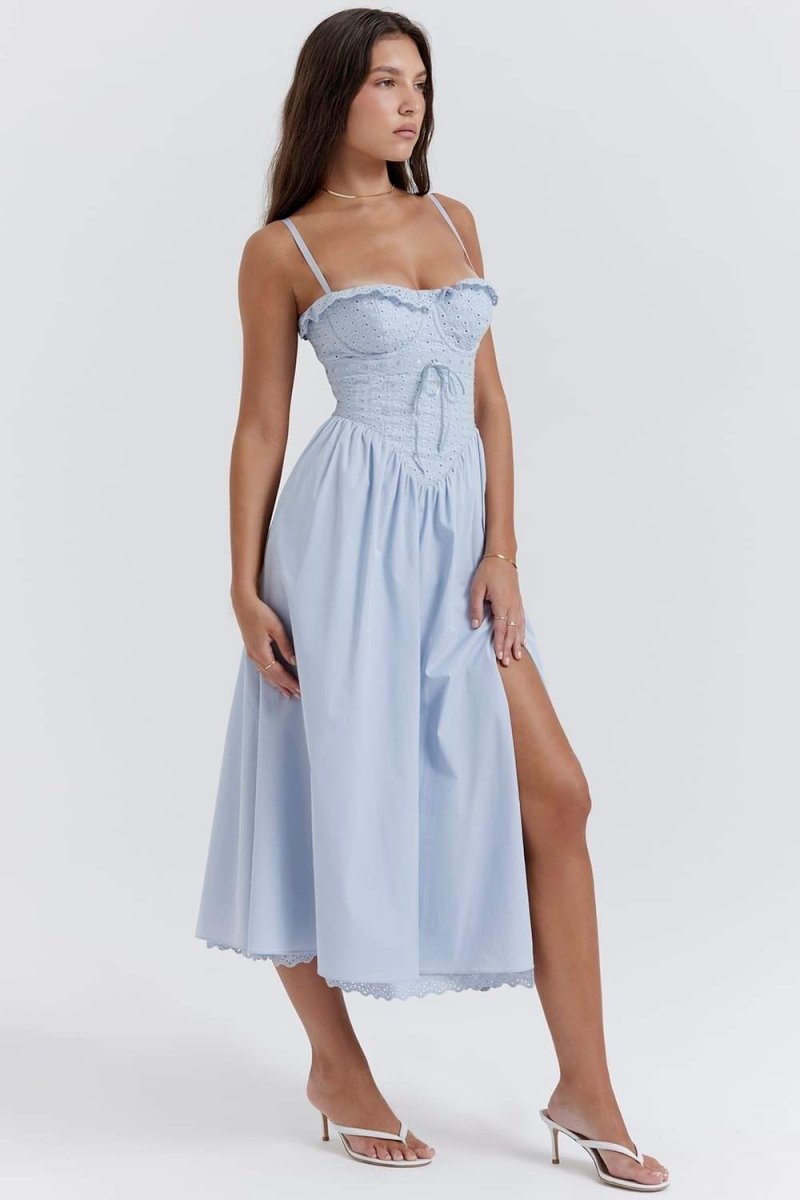Elevated Clara Embroidered Lace Corset Style Midi Dress Premium Wardrobe Essential