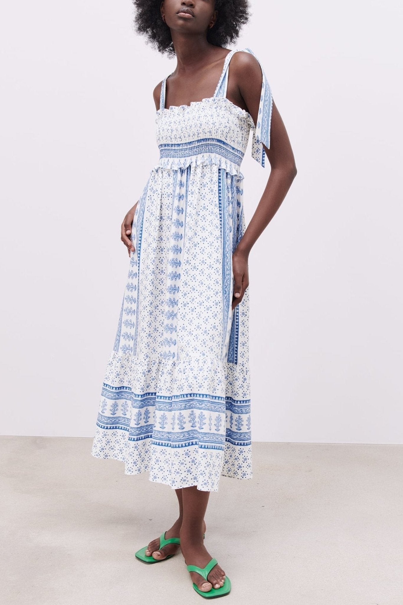 Exclusive Zoe Printed Midi Dress with Gathered Straps Chic Silhouette Collection