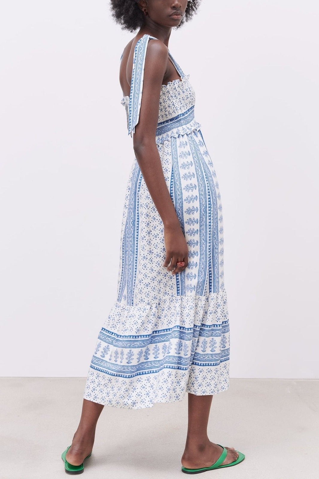 Exclusive Zoe Printed Midi Dress with Gathered Straps Chic Silhouette Collection