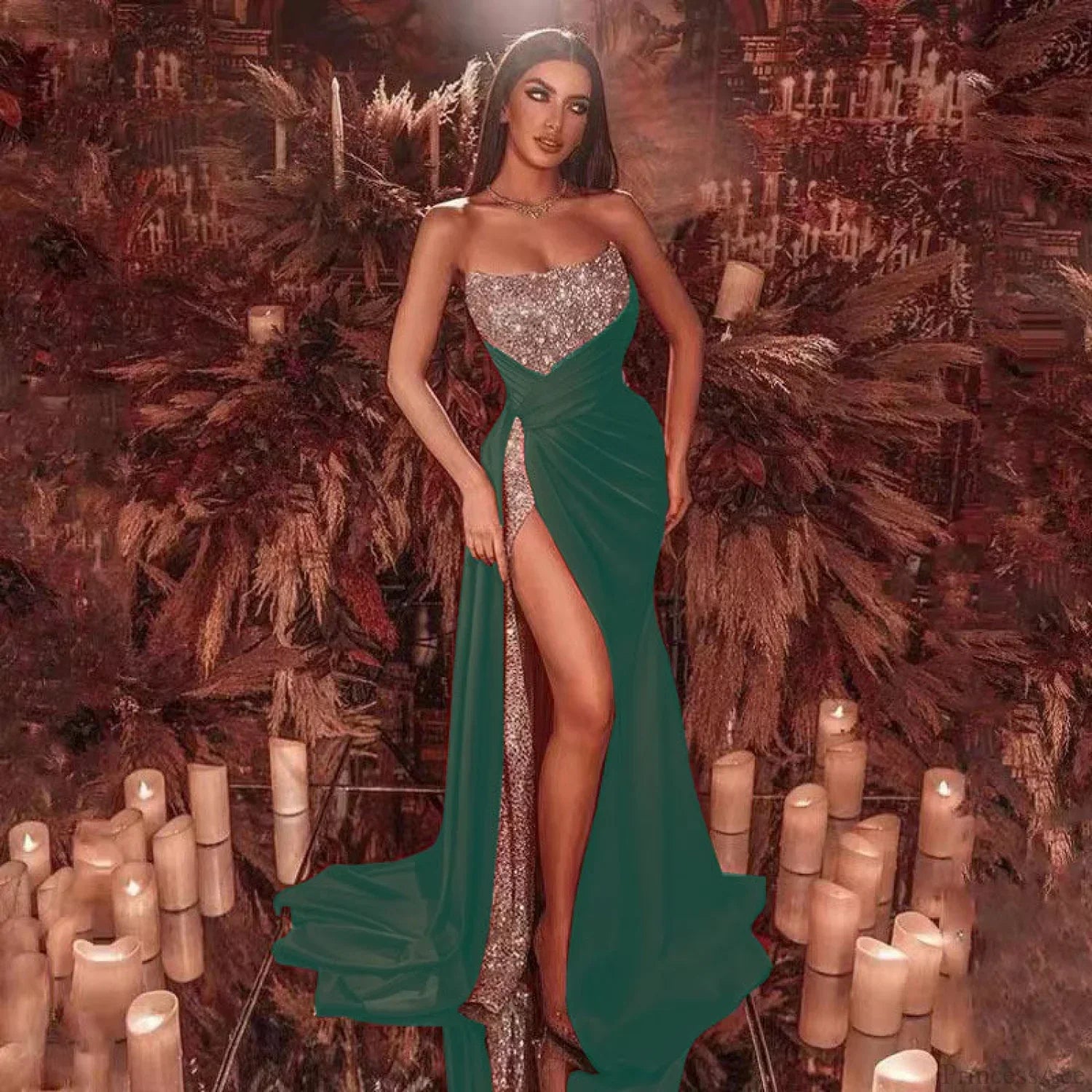 High Slit Flower Sequin Prom Dress