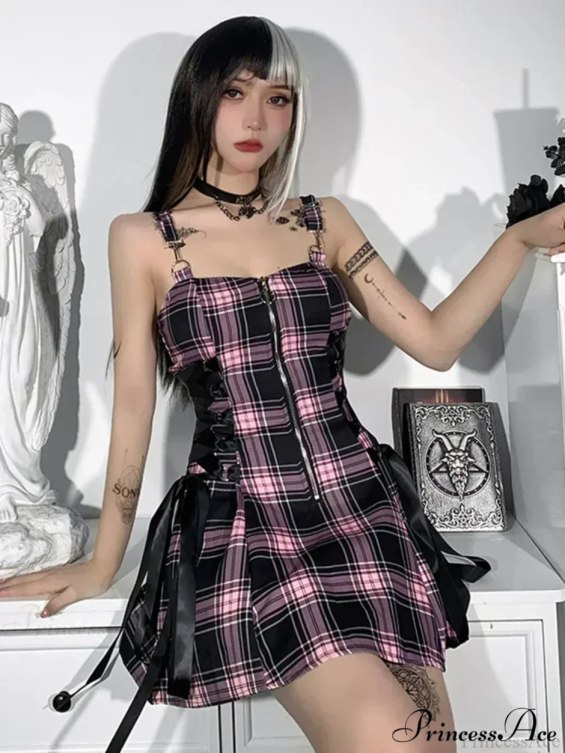 Waist High Spaghetti Strap Plaid Mini Dress