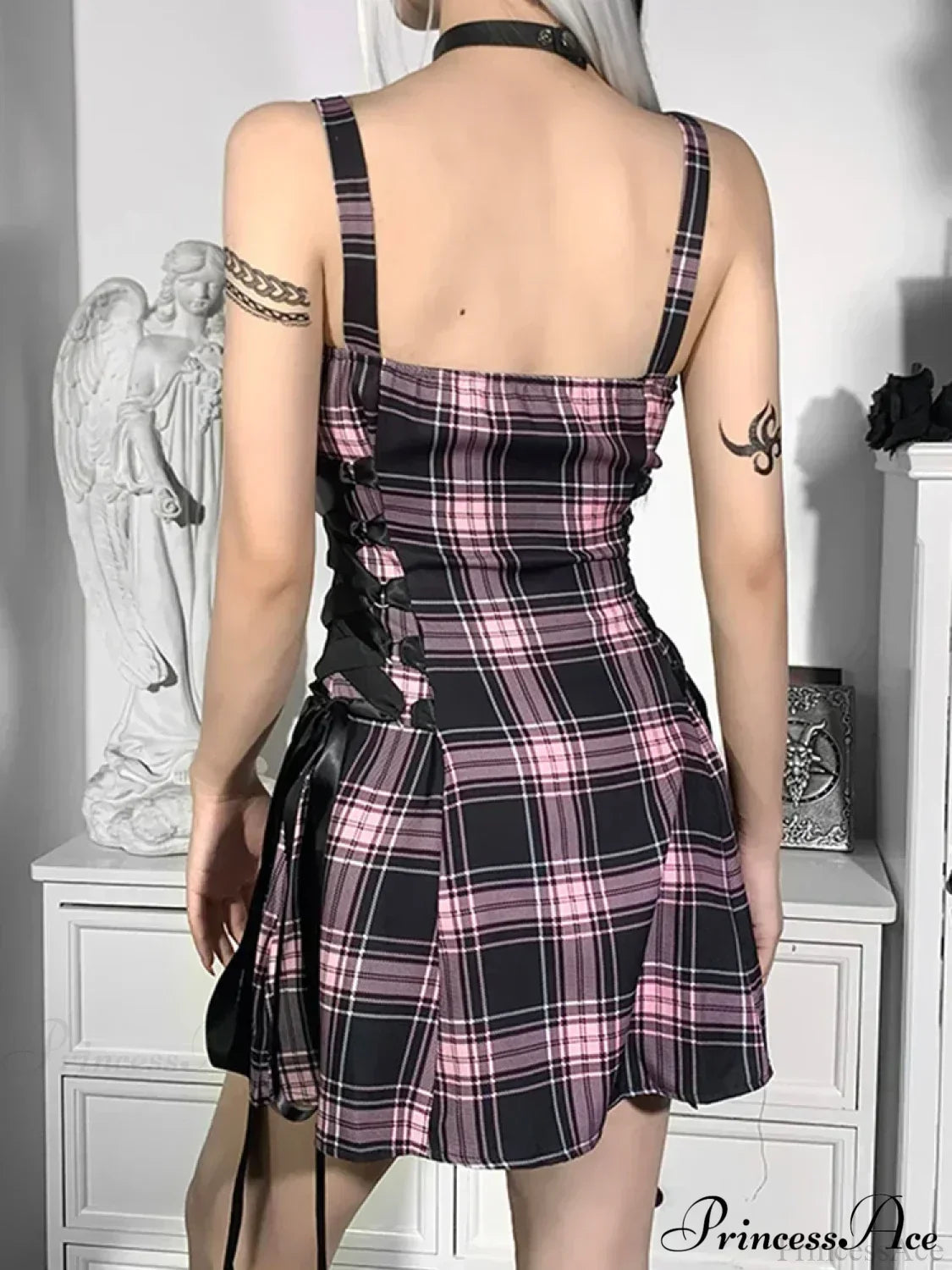 Waist High Spaghetti Strap Plaid Mini Dress