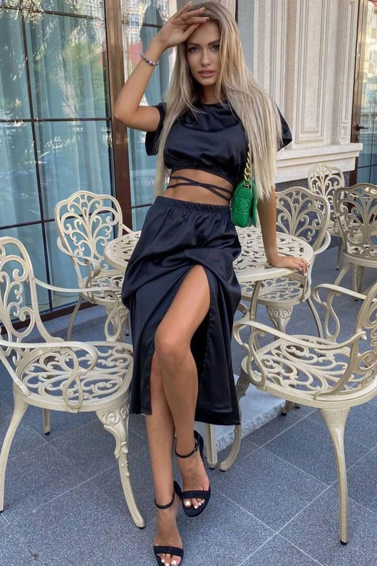 Wrapped Iconic Crop Top High Waist Split Two Piece Midi Dress - Black