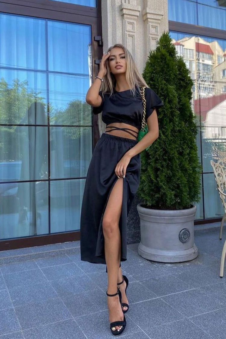 Wrapped Iconic Crop Top High Waist Split Two Piece Midi Dress - Black