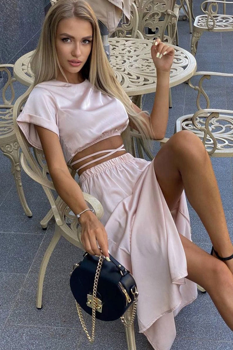 Wrapped Iconic Crop Top High Waist Split Two Piece Midi Dress - Pink