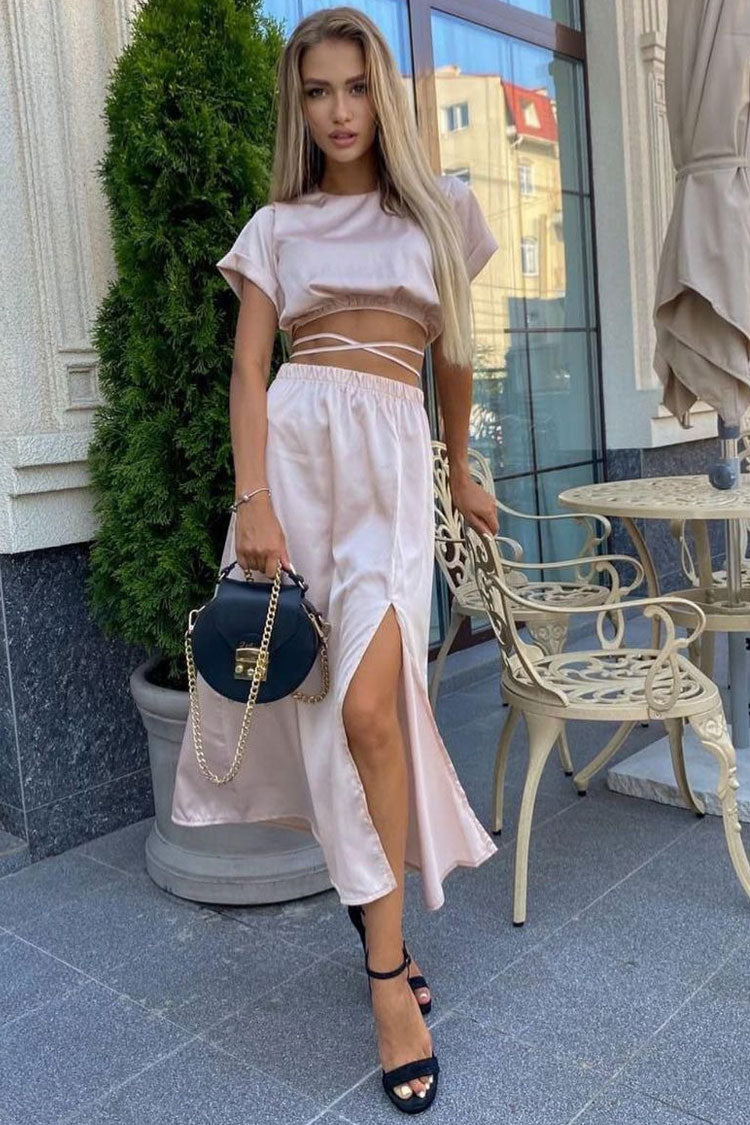 Wrapped Iconic Crop Top High Waist Split Two Piece Midi Dress - Pink