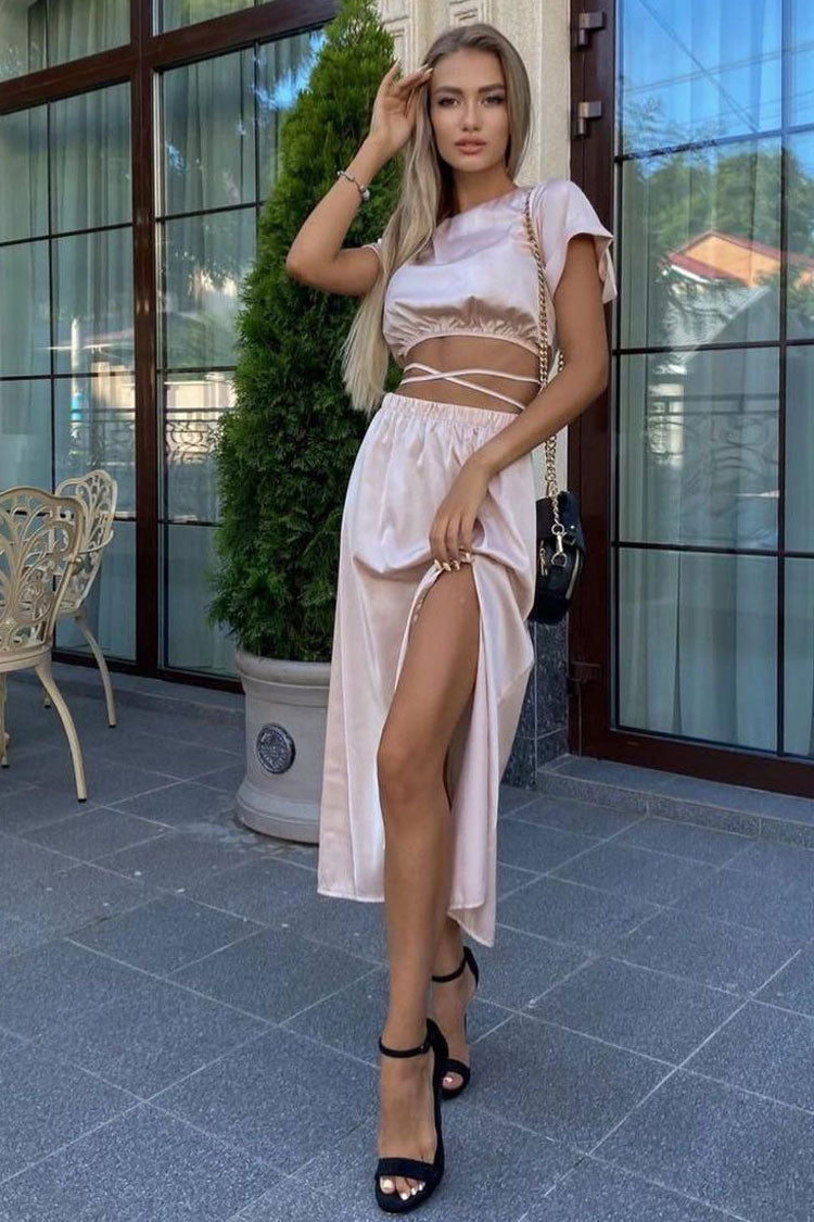 Wrapped Iconic Crop Top High Waist Split Two Piece Midi Dress - Pink