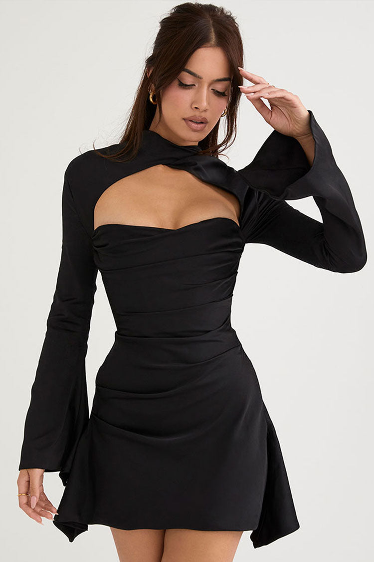 Satin Silky High Neck Long Sleeve Cutout Party Mini Dress - Black