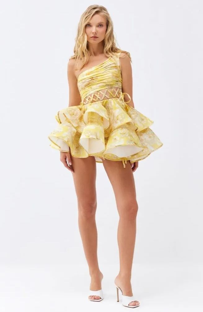 Aurora Premium Flower Print One Shoulder Chiffon Mini Dress Chic Silhouette Collection