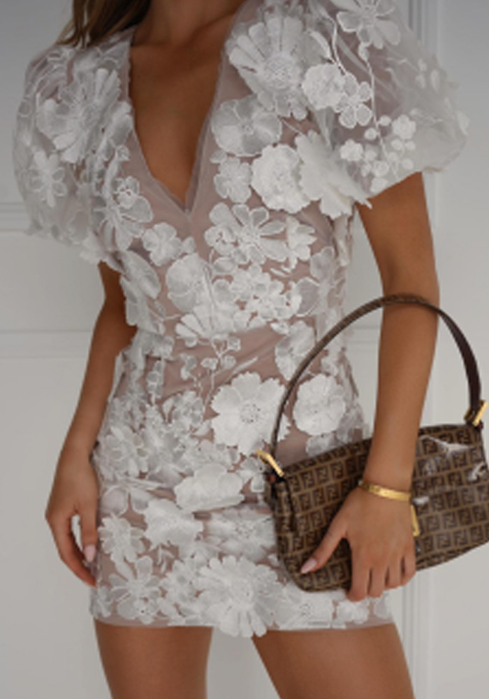 Hazel Bloom Mini Dress With Puff Sleeves