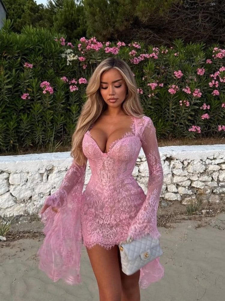 of Whispers Blush Lace Bell Sleeve Mini Dress