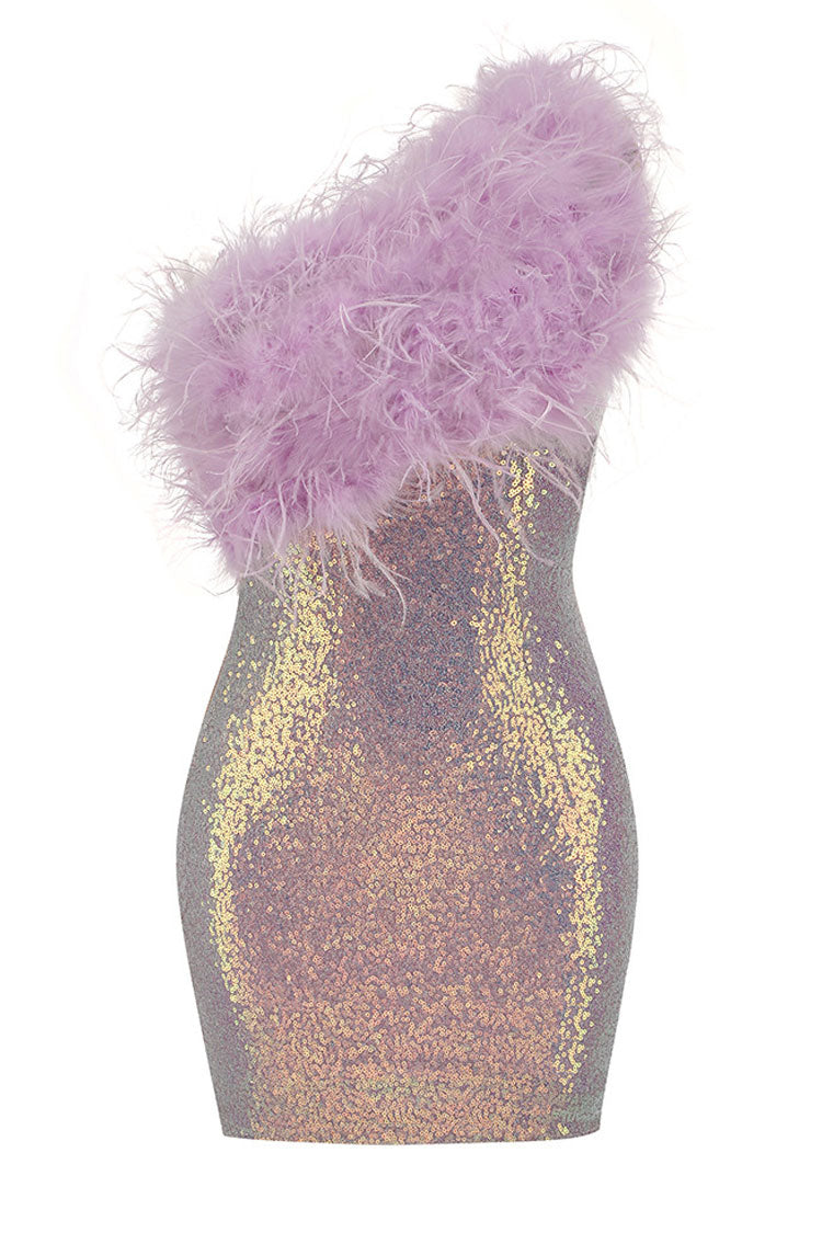 Sequin Iridescent One Shoulder Feather Trim Party Midi Dress - Lilac