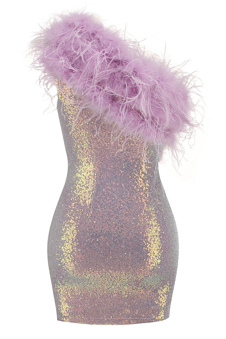 Sequin Iridescent One Shoulder Feather Trim Party Midi Dress - Lilac