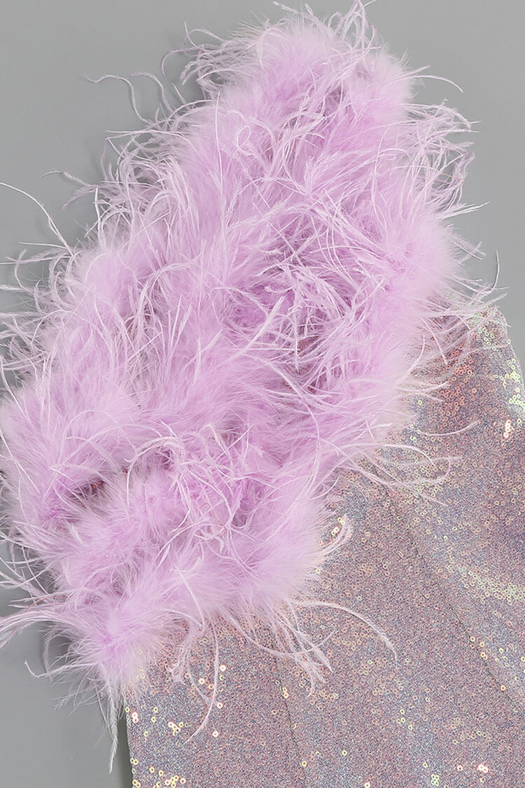Sequin Iridescent One Shoulder Feather Trim Party Midi Dress - Lilac