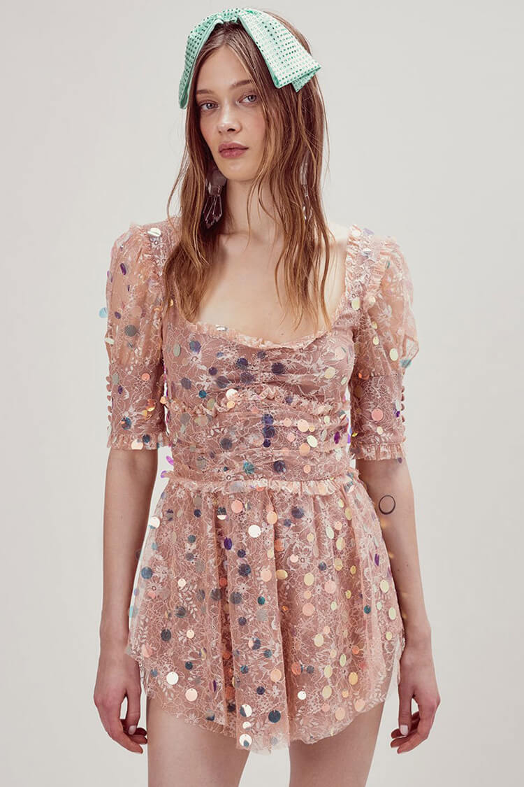 Sequin Iridescent Puff Sleeve Frilly Lace Mini Dress - Pink