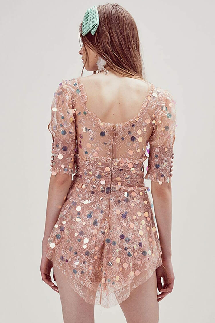Sequin Iridescent Puff Sleeve Frilly Lace Mini Dress - Pink