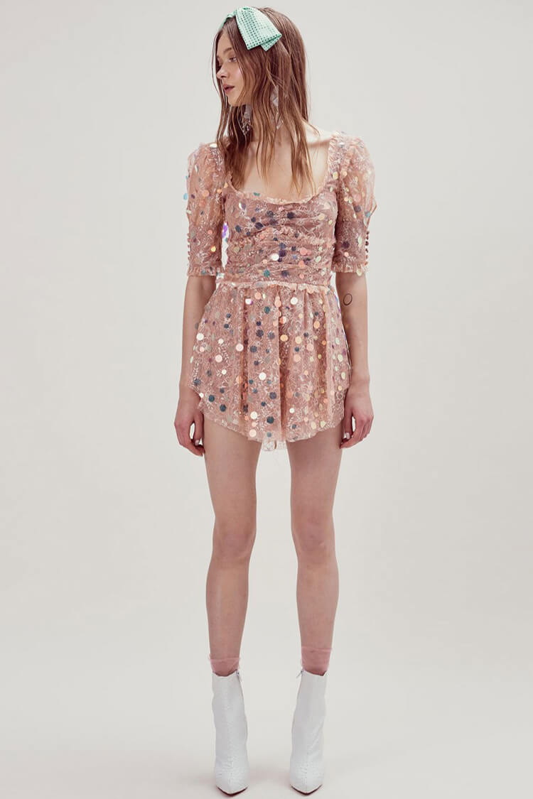 Sequin Iridescent Puff Sleeve Frilly Lace Mini Dress - Pink