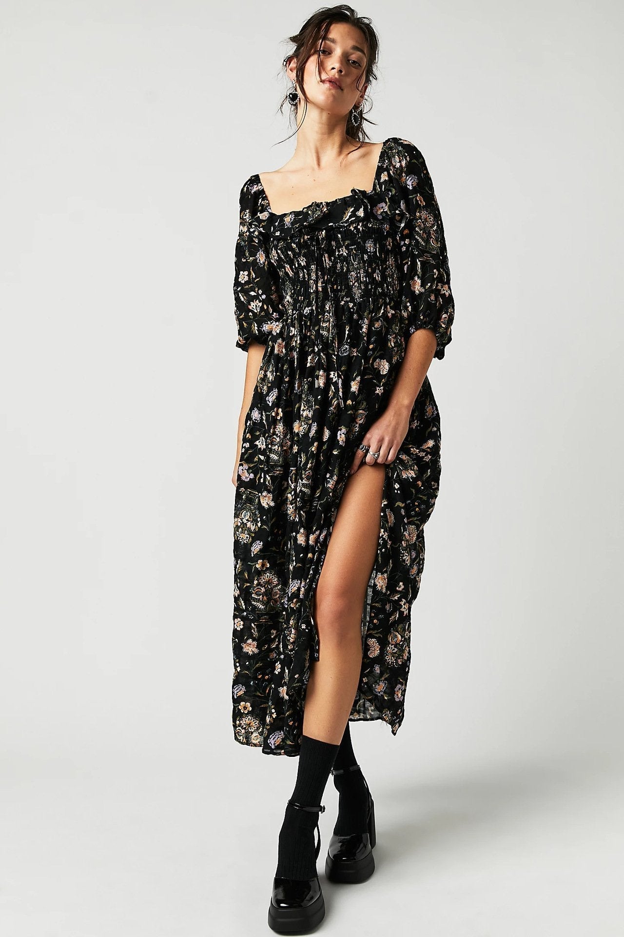 Exclusive Ariadna Printed Midi Dress with Ruched Bodice and Ruffles Statement Occasion Edit