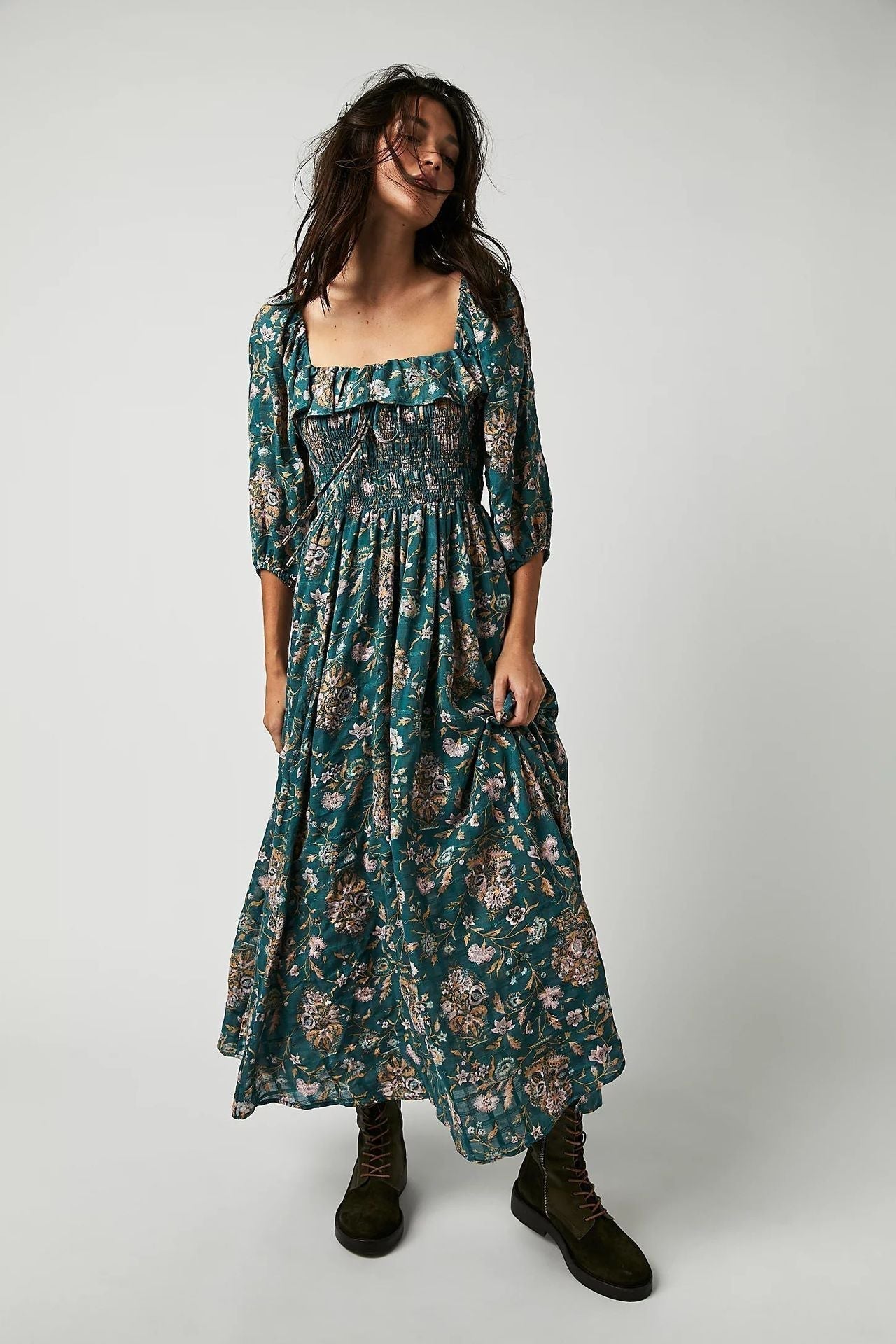Exclusive Ariadna Printed Midi Dress with Ruched Bodice and Ruffles Statement Occasion Edit