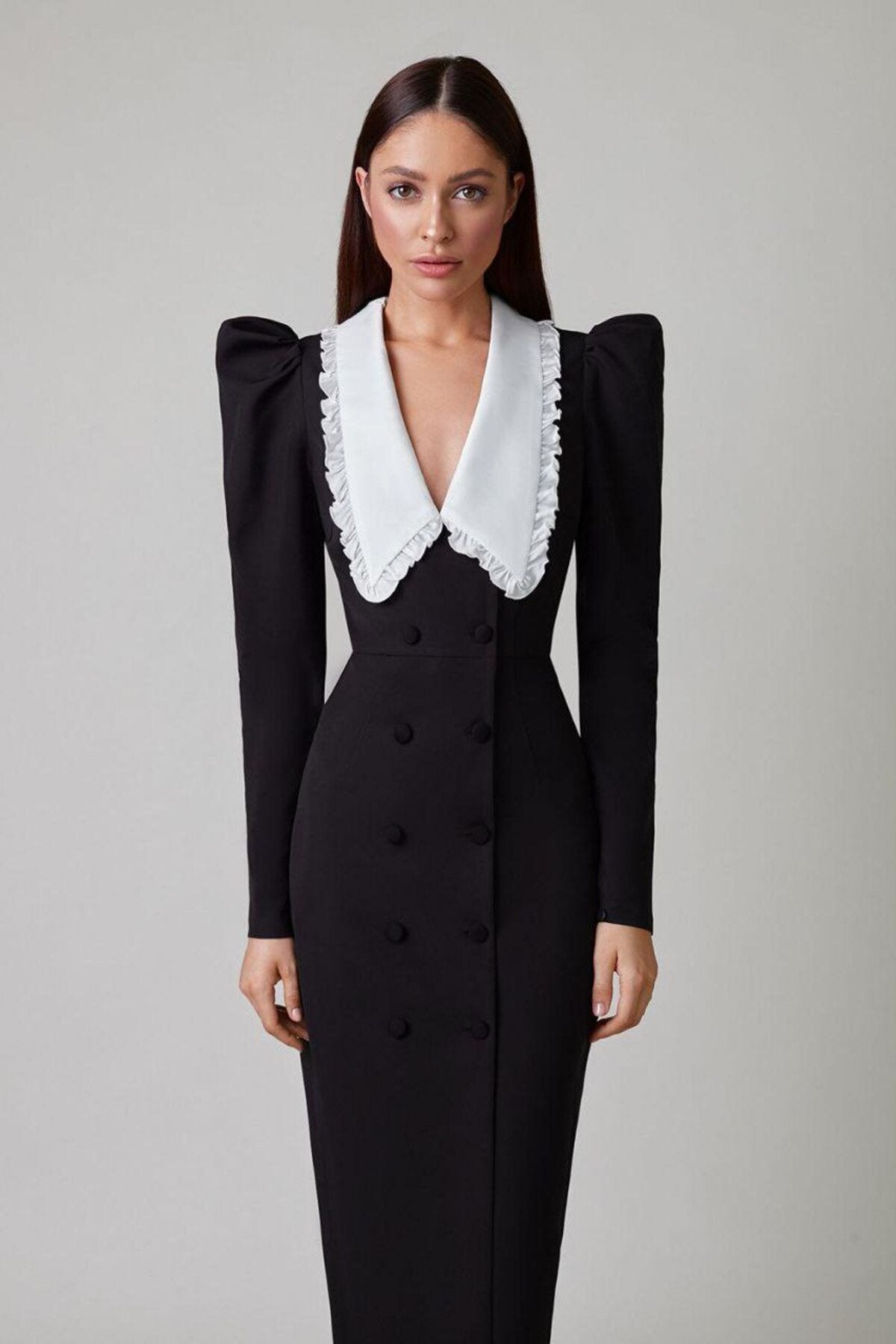 Peter Kathy Pan Collar V neck Midi Dress