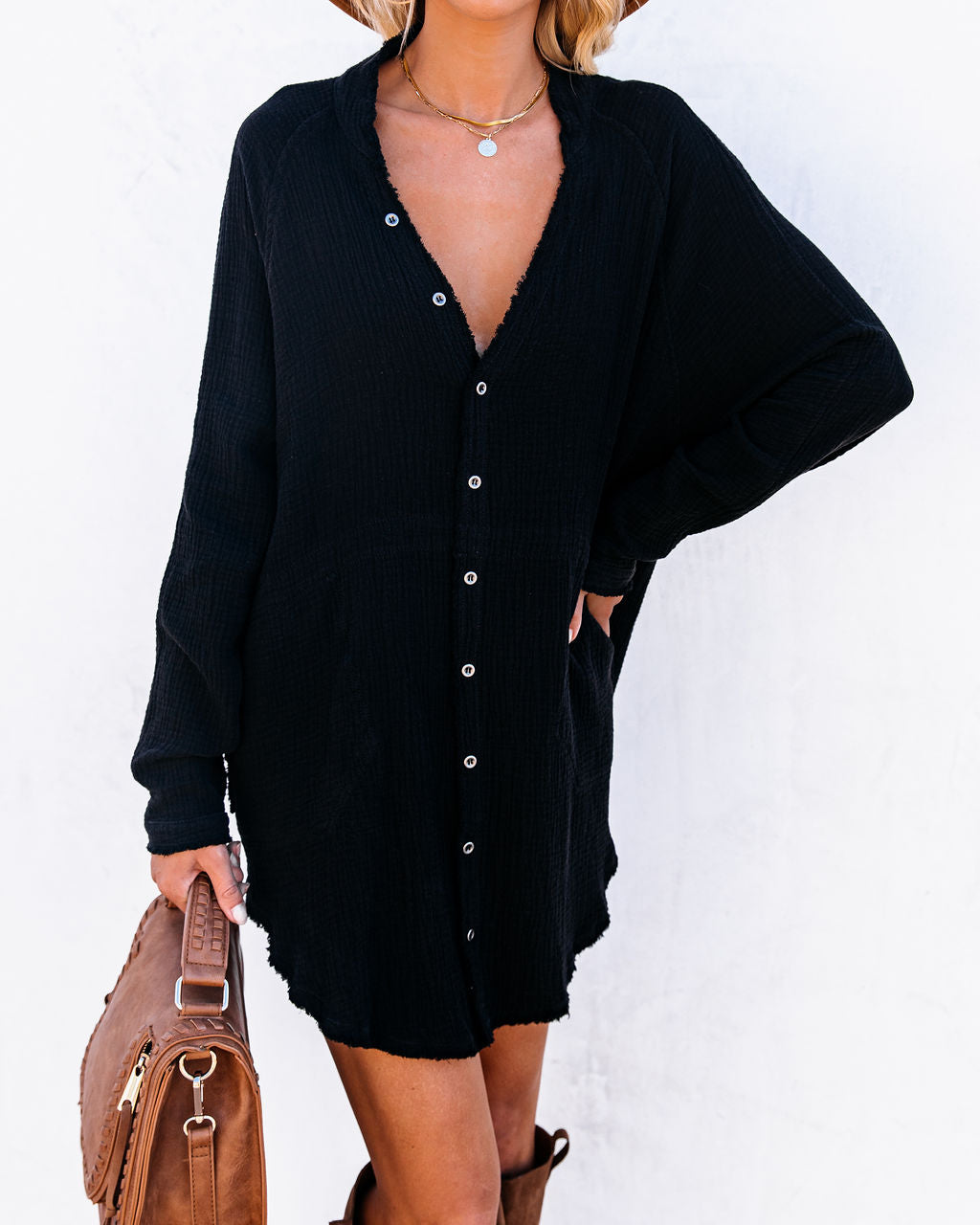 Cotton Kennedy Pocketed Button Down Tunic Black FINAL
