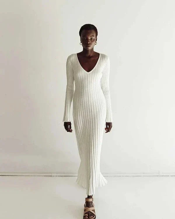 Zaira Long Sleeve Knit Midi Dress with V-neck for Women Modern Outfit