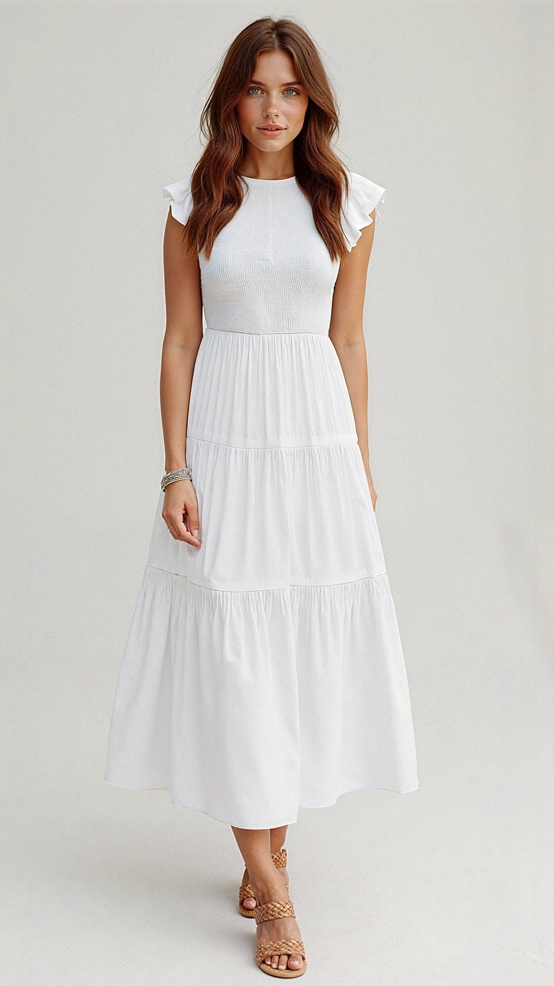 Chic Pilar Smocked Summer Midi Dress Pleated Designer Edit