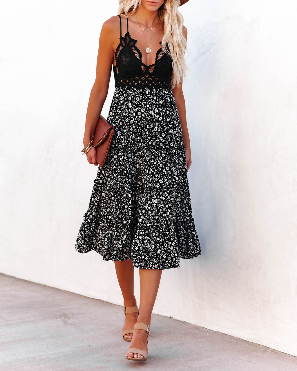 Let It Be Tiered Bloom Lace Midi Dress Black