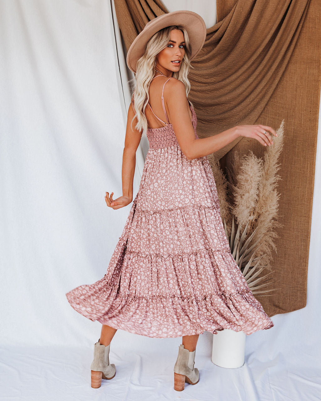 Let It Be Tiered Bloom Lace Midi Dress Mauve