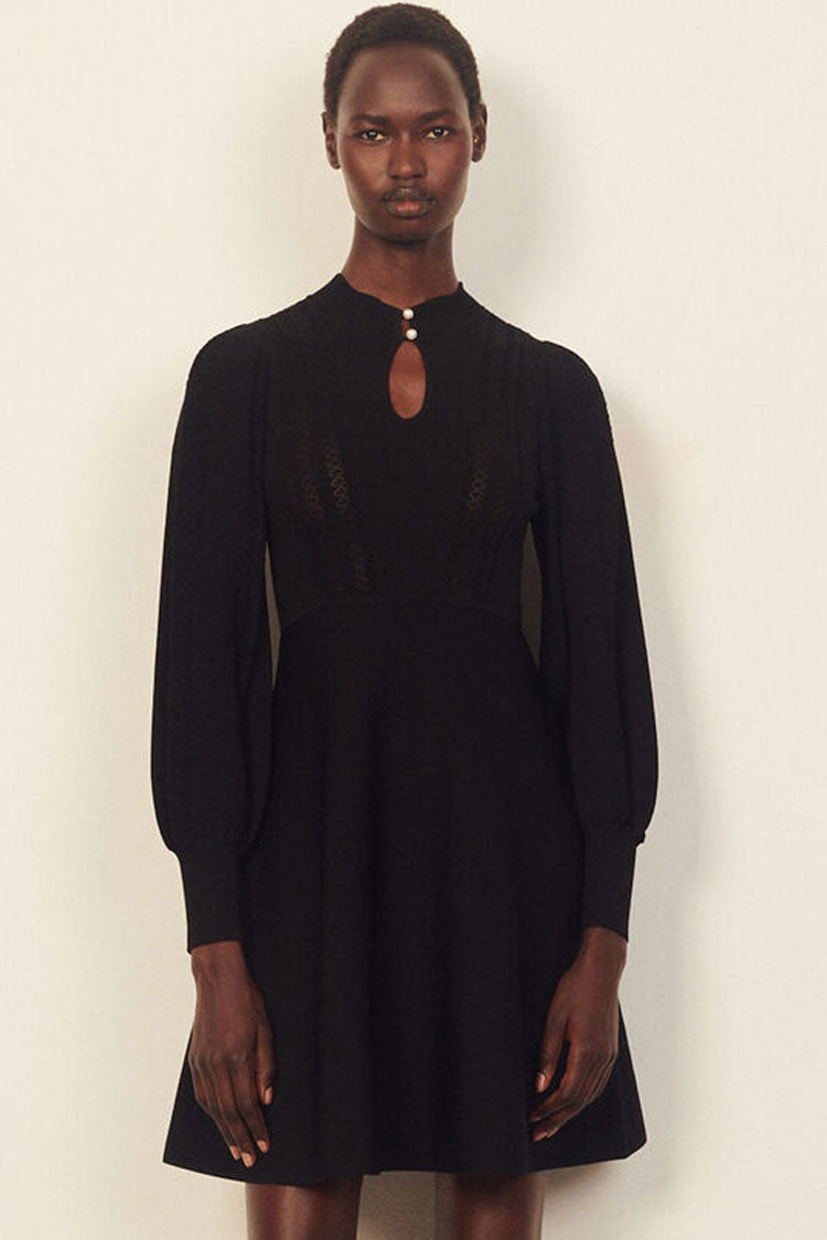 Sleeve Long Cashmere Sweater French Skater Mini Dress - Black