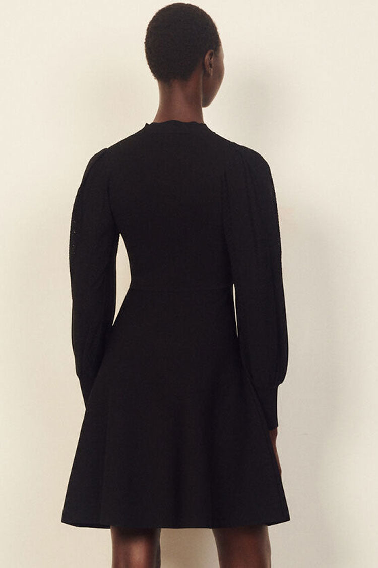 Sleeve Long Cashmere Sweater French Skater Mini Dress - Black