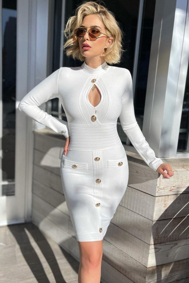Sleeve Long High Neck Buttoned Front Cutout Bandage Midi Dress - White