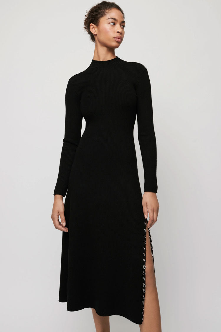 Sleeve Long High Neck High Slit Cashmere Sweater Midi Dress - Black