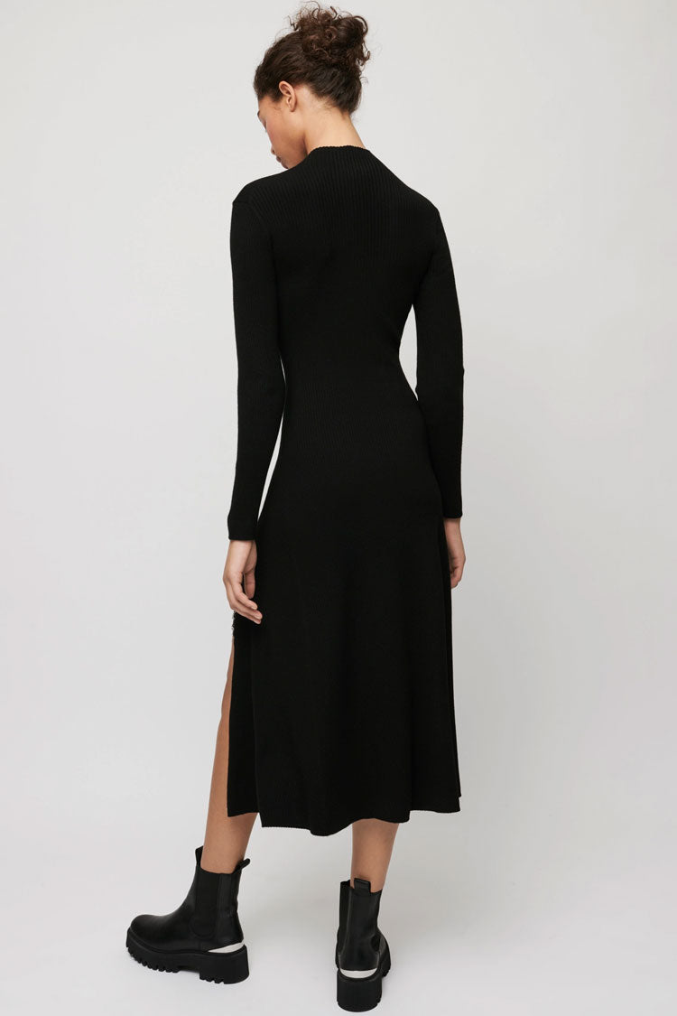Sleeve Long High Neck High Slit Cashmere Sweater Midi Dress - Black