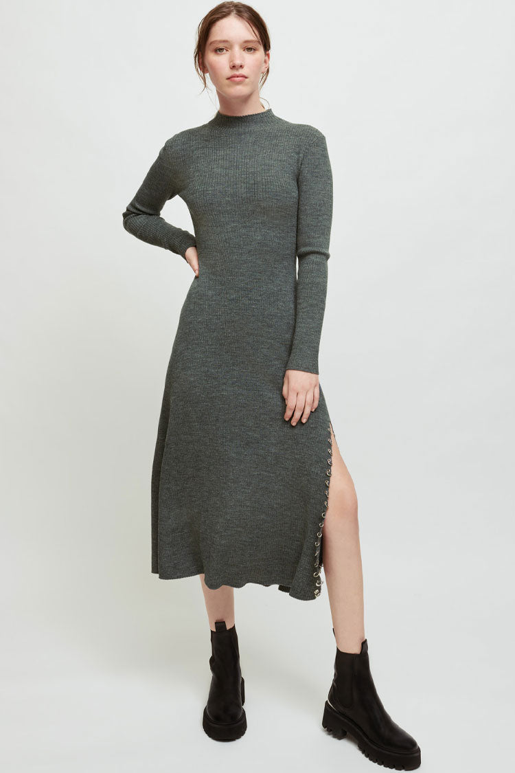 Sleeve Long High Neck High Slit Cashmere Sweater Midi Dress - Gray