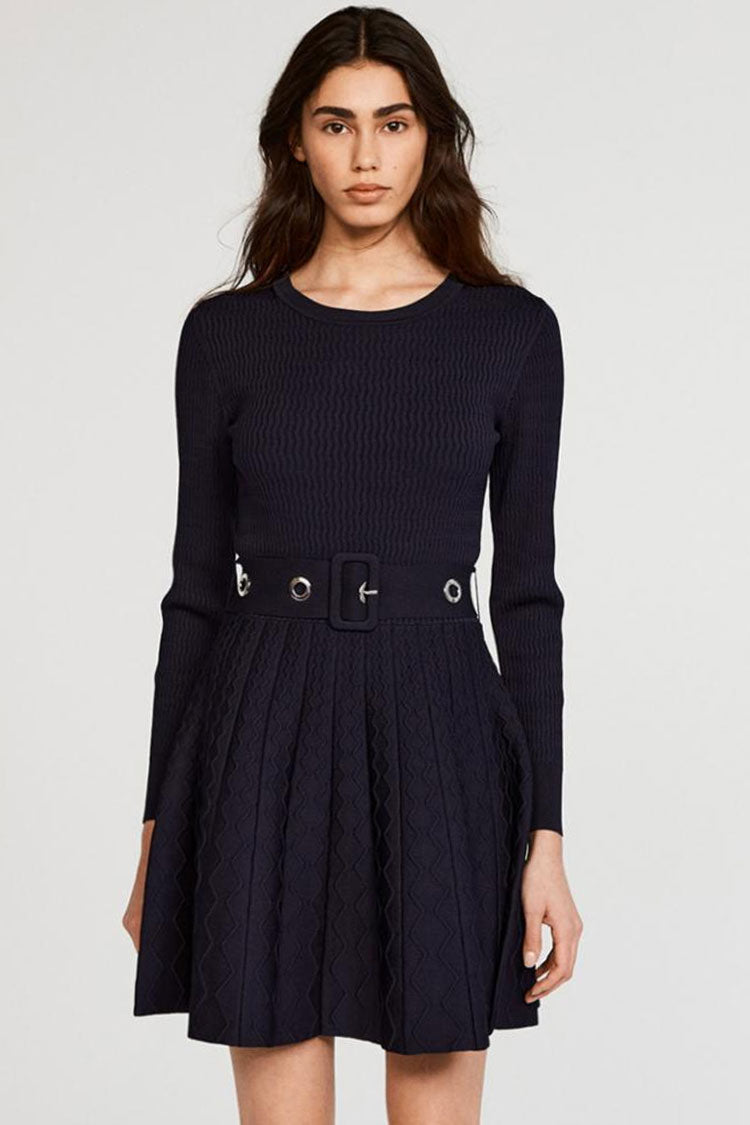 Sleeve Long Ribbed Sweater Winter Skater Mini Dress - Navy Blue