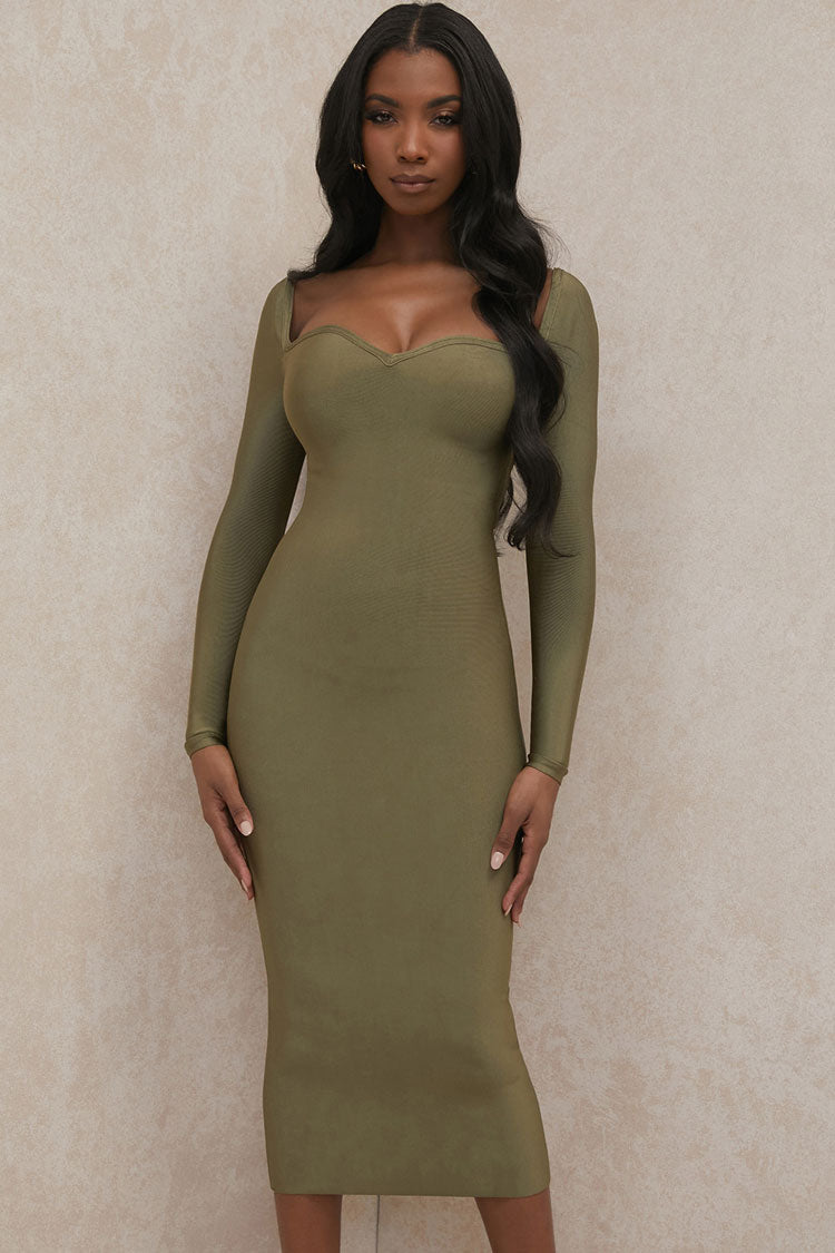 Sleeve Long Sweetheart Neck Bandage Midi Dress - Green