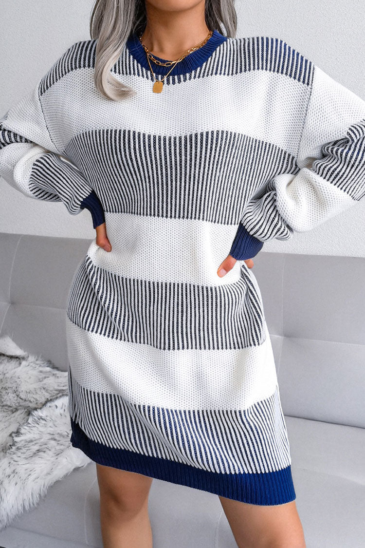 Sleeve Long Textured Striped Knit Winter Sweater Mini Dress - Royal Blue